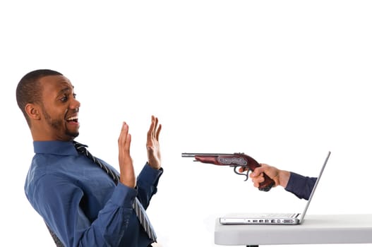 businessman getting a hold up from a laptop