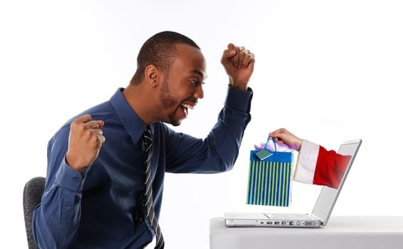 business man getting a christmas gift via the Internet
