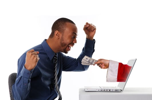 man receiving a christmas gift by internet via santa