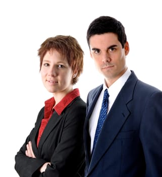 man in blue suit on isolated white with a businesswoman