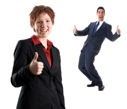 woman in a black jacket with thumbs up
