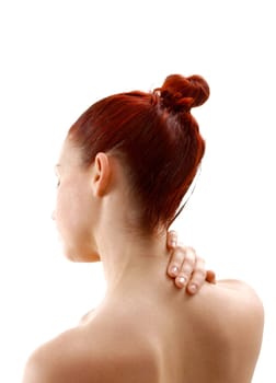 female with neck pain holding nape isolated