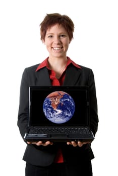 woman in black jacket holding a laptop