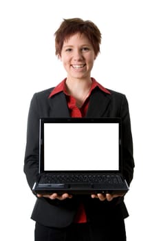 woman in black jacket holding a latop