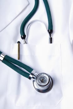 Stethoscope in green with a white lab coat