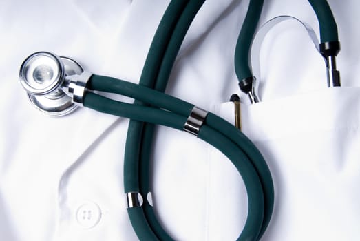 Stethoscope in green with a white lab coat