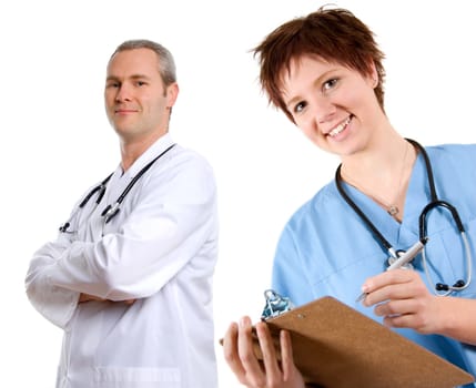 female happy doctor in blue scrubs with notepad