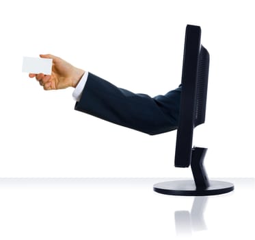 A hand sticking out giving a business card