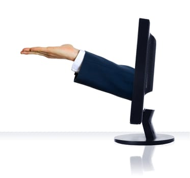 an empty hand sticking out of a monitor