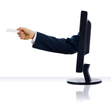 a hand sticking out of a monitor with a card