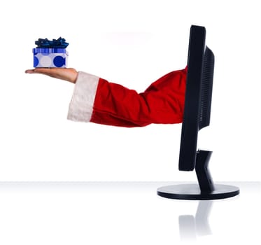 santa clause giving a present via the internet