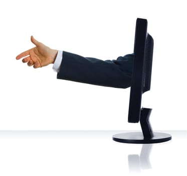 A hand stick out from a monitor to shake