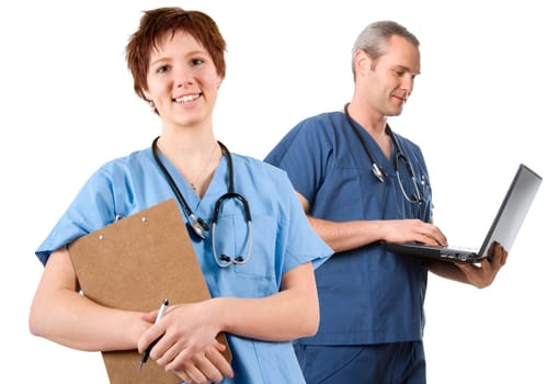 happy male nurse with wireless laptop on white