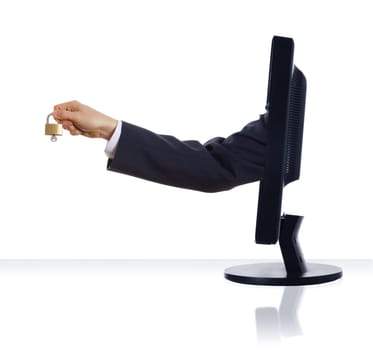 a hand sticking out of a monitor with a lock