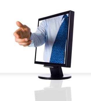 A hand giving a shake from a monitor