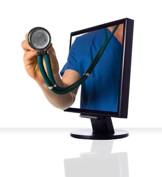 An online doctor giving a diagnostic in scrubs