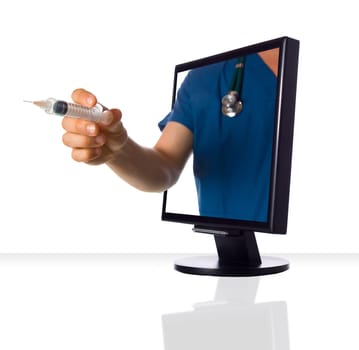 A hand of a nurse sticking out of a monitor