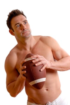 man in topless on white background with ball
