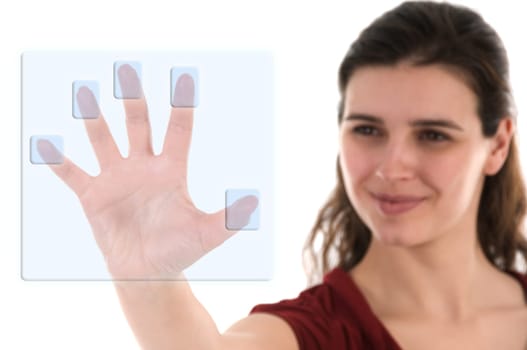 business woman using a biometric decoder on white