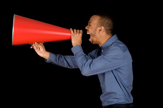 African-american business man yelling in a red megaphone