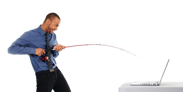 business man thief going phishing on the internet