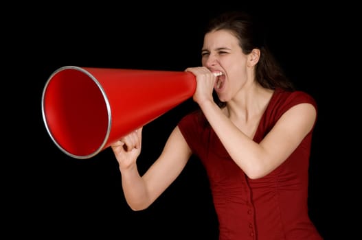 business woman with a red megaphone on black