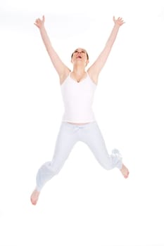 happy cute woman jumping on white background