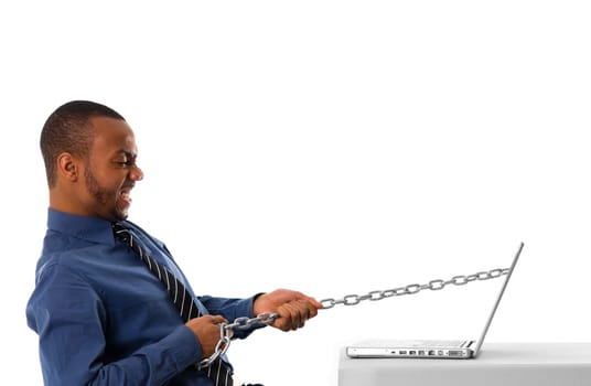 business man pulling a chain through his laptop
