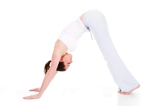 Beautiful woman doing yoga on isolated white background