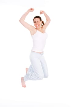 happy cute woman jumping on white background