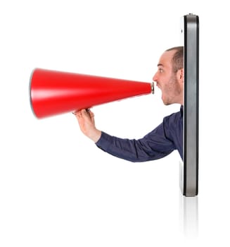 Businessman yelling in a red megaphone from a mobile phone