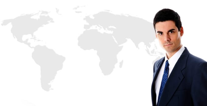 businessman in blue suit with world map