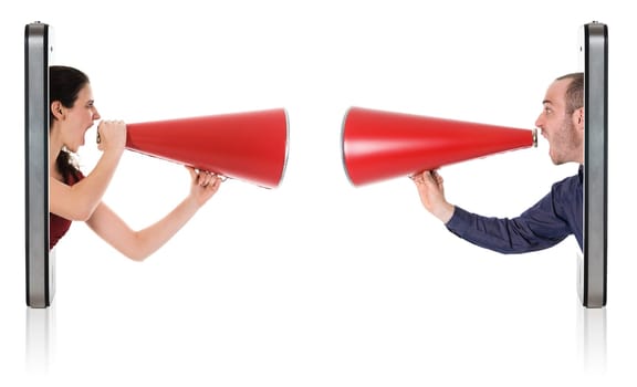 Businesspeople yelling in a red megaphone from a mobile phone