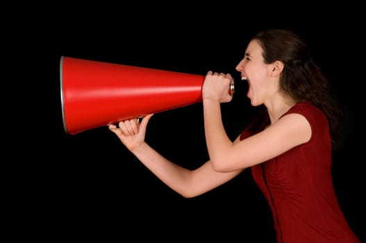 business woman with a red megaphone on black
