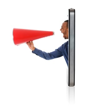 Businessman yelling in a red megaphone from a mobile phone