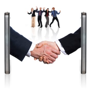 two hands shaking mobile phone concept business team