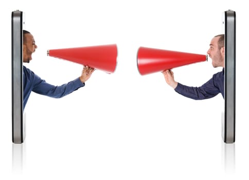 Businesspeople yelling in a red megaphone from a mobile phone