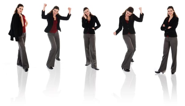 happy business woman on an isolated white background poses