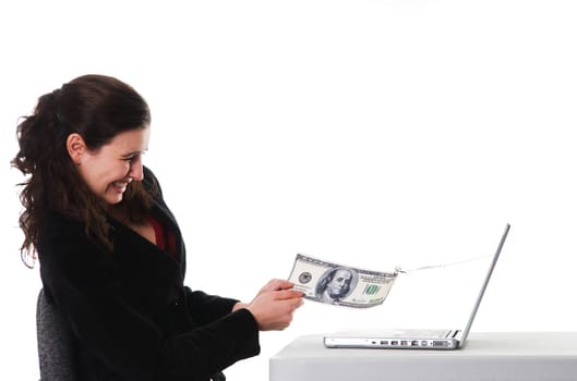 business woman holding on to her money for phishing