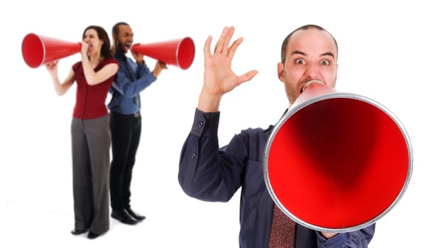 business team holding a red megaphone on emotions