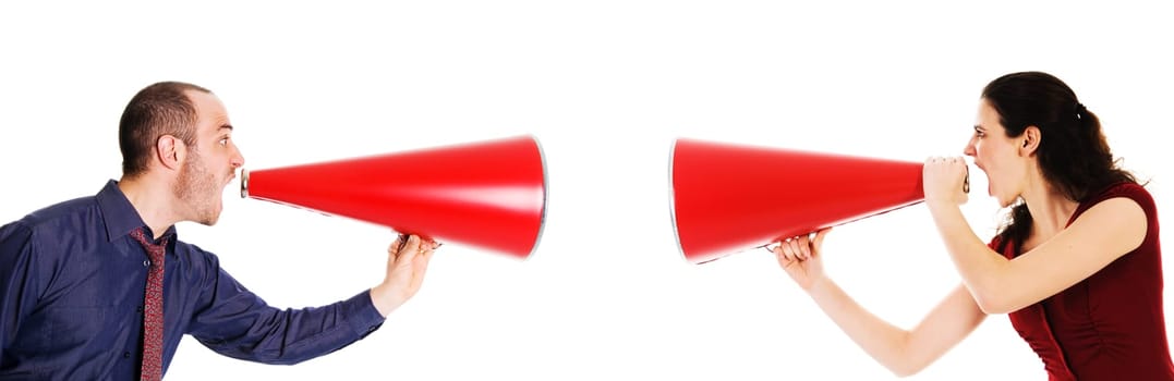 businessman and businesswoman holding a red megaphone conflict