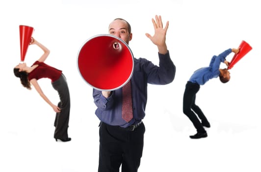 business team holding a red megaphone