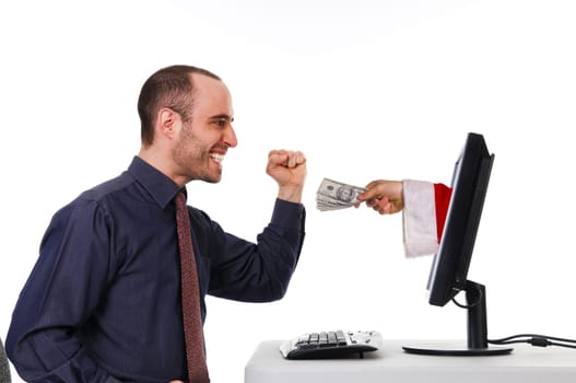 man receiving a christmas gift by internet via santa