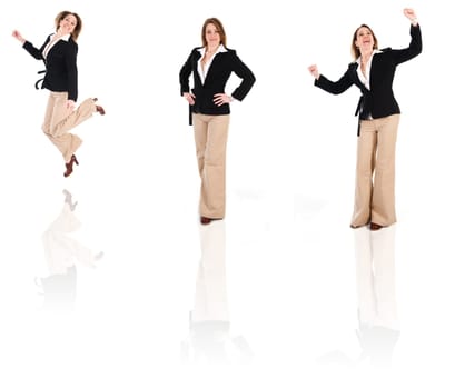happy business woman on an isolated white background poses