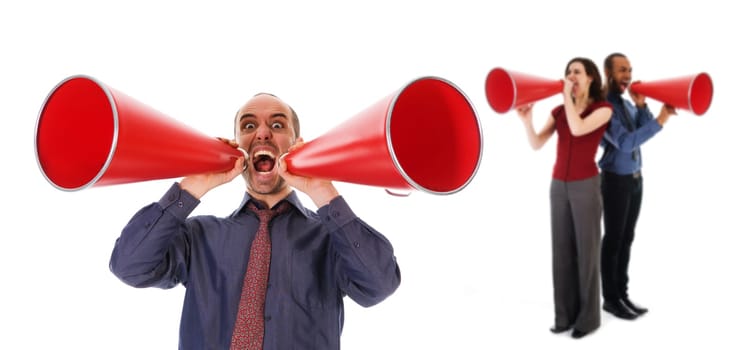 business team holding a red megaphone on emotions