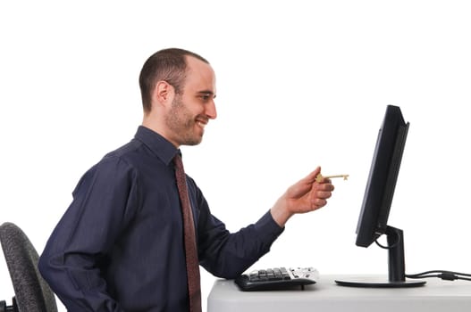 Internet security with a gold key on white