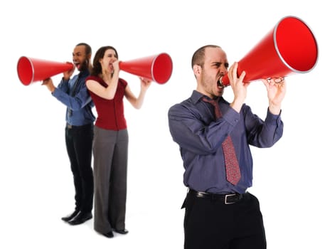 business team holding a red megaphone on emotions