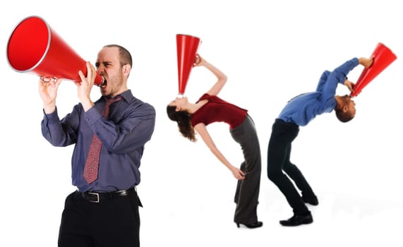 business team holding a red megaphone on emotions