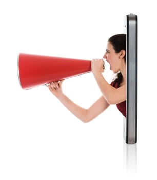 Businesswoman yelling in a red megaphone from a mobile phone