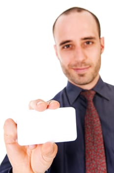 business man giving a blank card on white